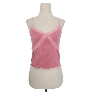 Y2k Babydoll Lace Trim Bow Print Cami Top Size S Pink Coquette Dainty Romantic